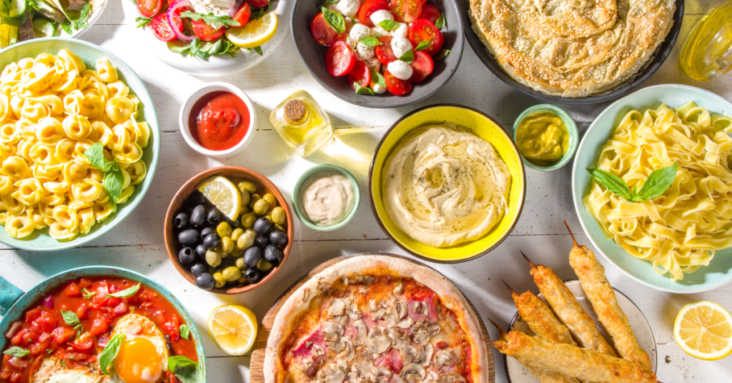 Mediterranean Diet Recipes: A vibrant collection of Mediterranean Diet recipes, including dishes like Greek salad, grilled fish, and roasted vegetables, all emphasizing fresh ingredients and healthy fats.
